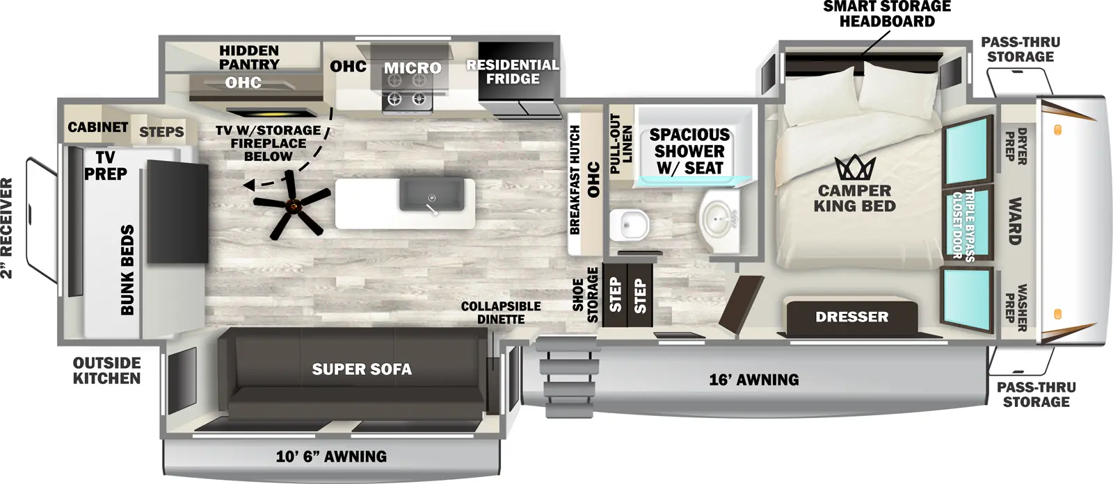 The Sabre 32BHT has one entry and three slide outs. Exterior features include: fiberglass exterior, 10'6" & 16' awning and outside kitchen. Interiors features include: bunk beds, kitchen island and front bedroom.